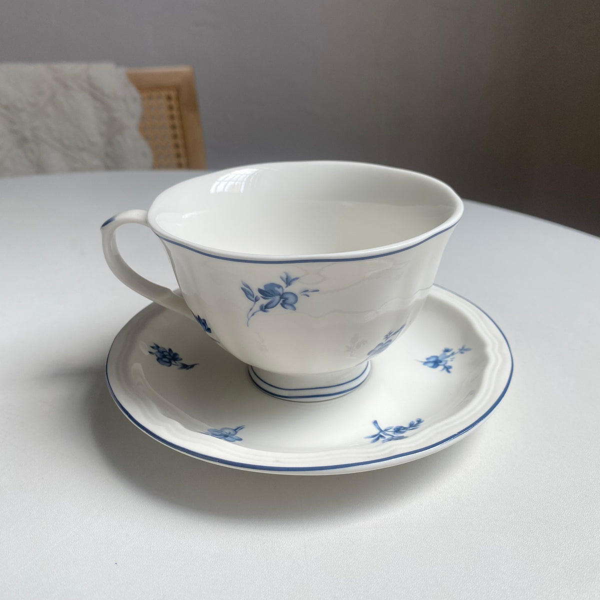 Blue and White Wide Rim Cup and Saucer