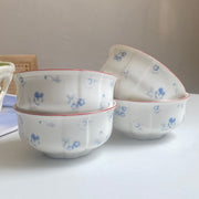 Red Rim Blue Floral Rice Bowl