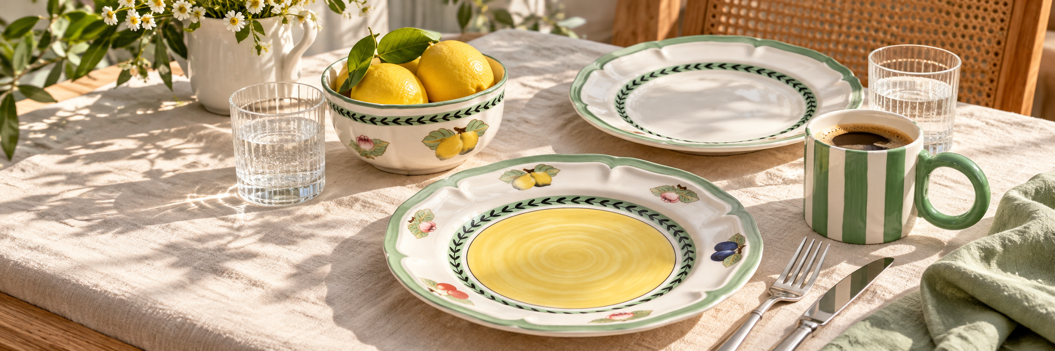 Lemon garden plates, a lemon bowl and a green striped cup on a sunlit breakfast table